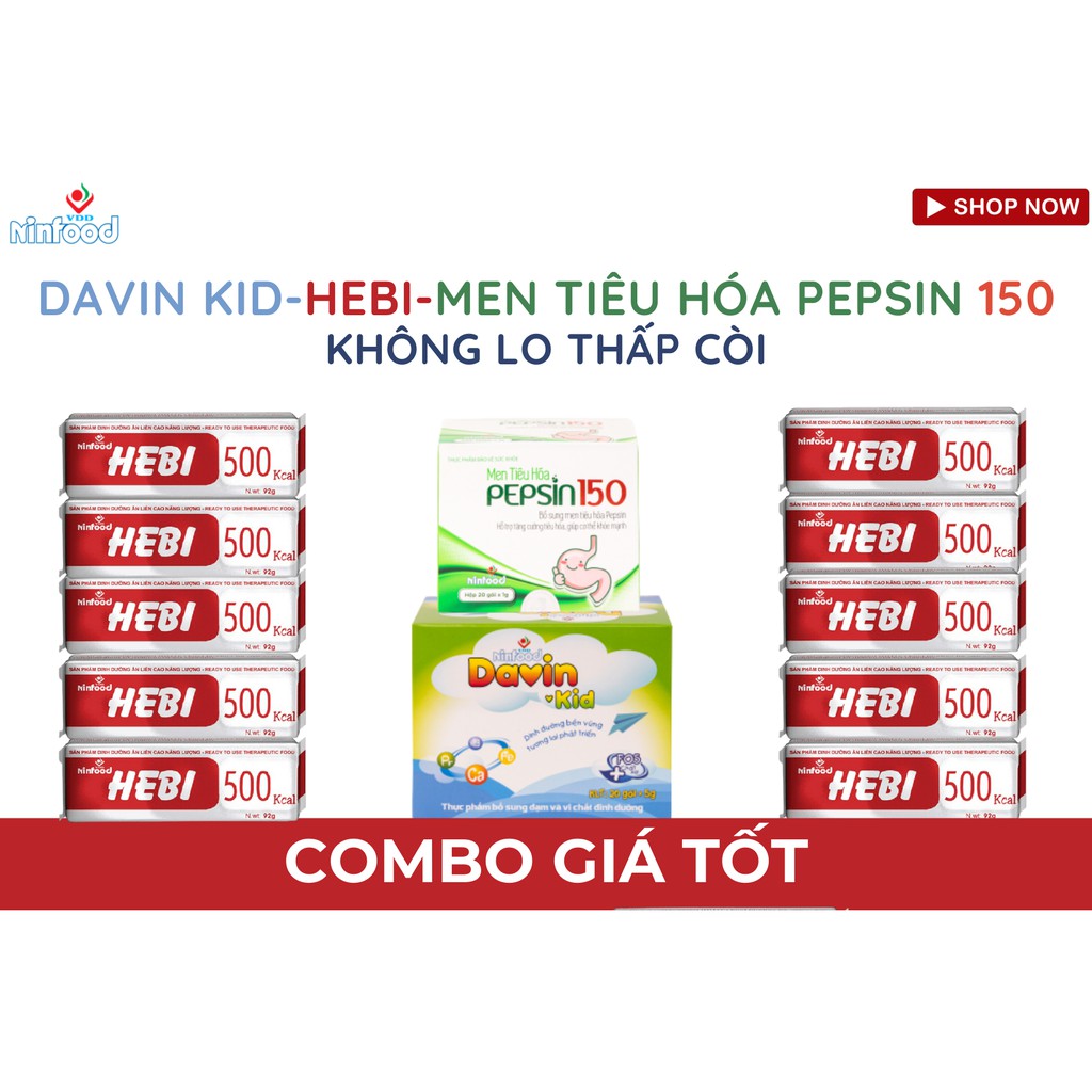 Combo không lo thấp còi Davin Kid, men pepsin 150 và 10 Hebi Ninfood Viện Dinh dưỡng