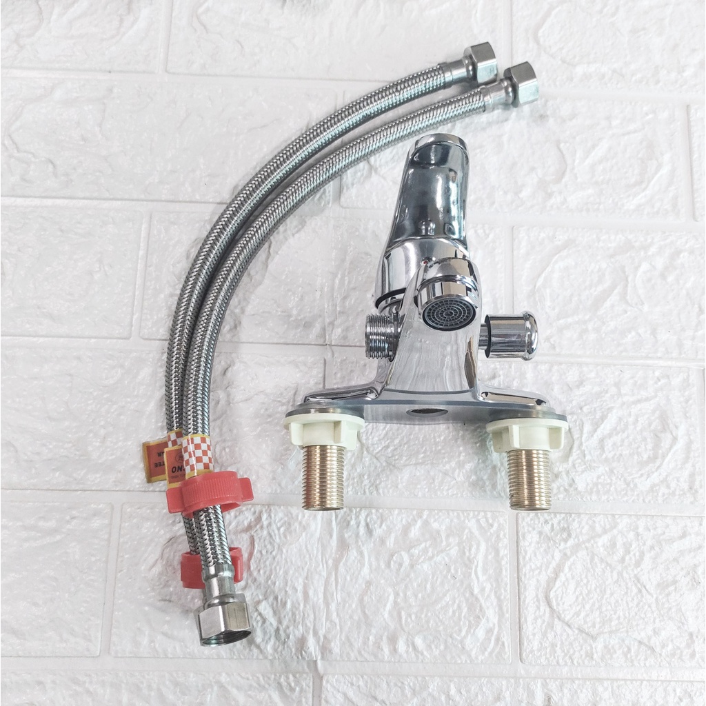 Vòi Lavabo nóng lạnh 2 chân cắm chậu liền sen bằng đồng mạ sáng bóng