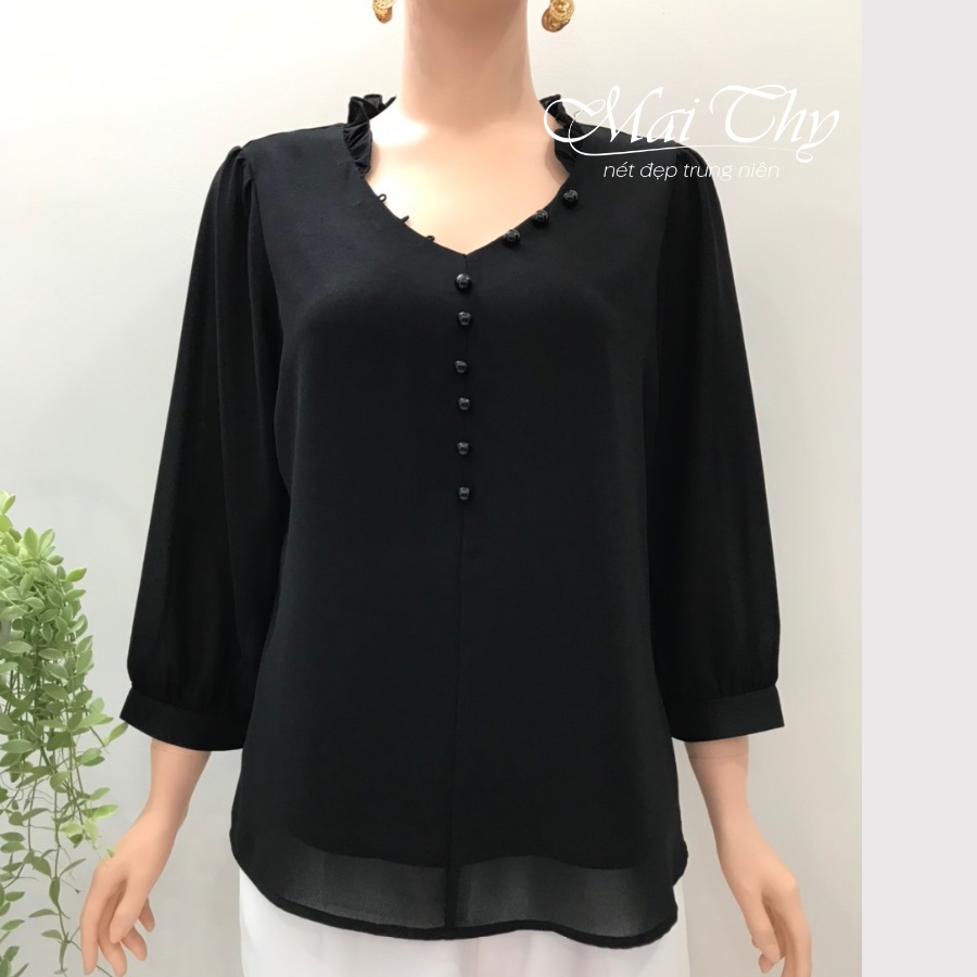 Áo Trung Niên MT111, Mẫu Áo Kiểu Nữ Form Rộng Tay Lỡ Cổ Bèo Nhiều Nút Đẹp Trang Nhã | Thời Trang Trung Niên Mai Thy