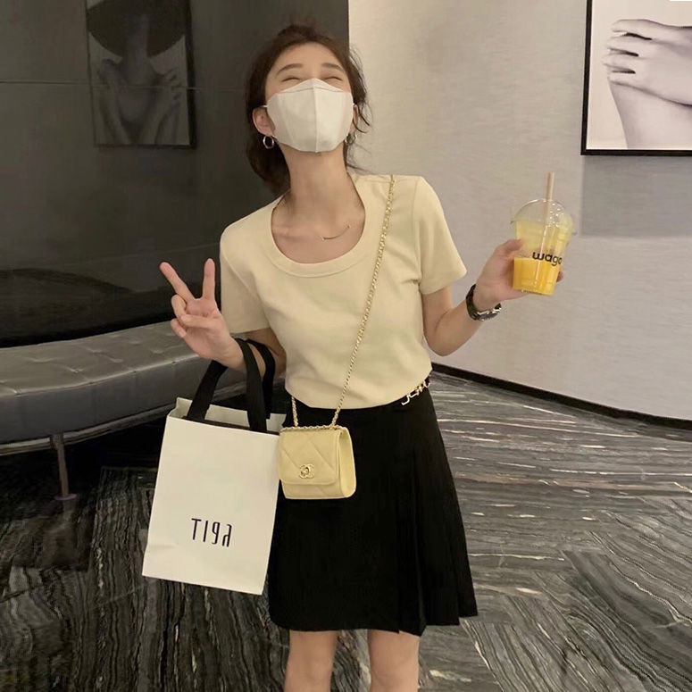 Áo Thun Tay Ngắn Cổ Chữ U Màu Trơn Phong Cách Thời Trang Hàn Quốc Mới 2022