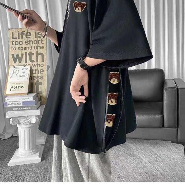 Áo Thun Tay Ngắn Dáng Rộng Có Khóa Kéo Thêu Hình Gấu Dễ Phối Đồ Thời Trang Mùa Hè Cho Nam