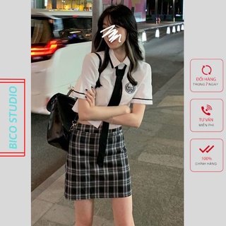 Sét áo sơ mi croptop kèm carvat mix chân váy kẻ chữ A siêu xinh - BICO STUDIO BC280