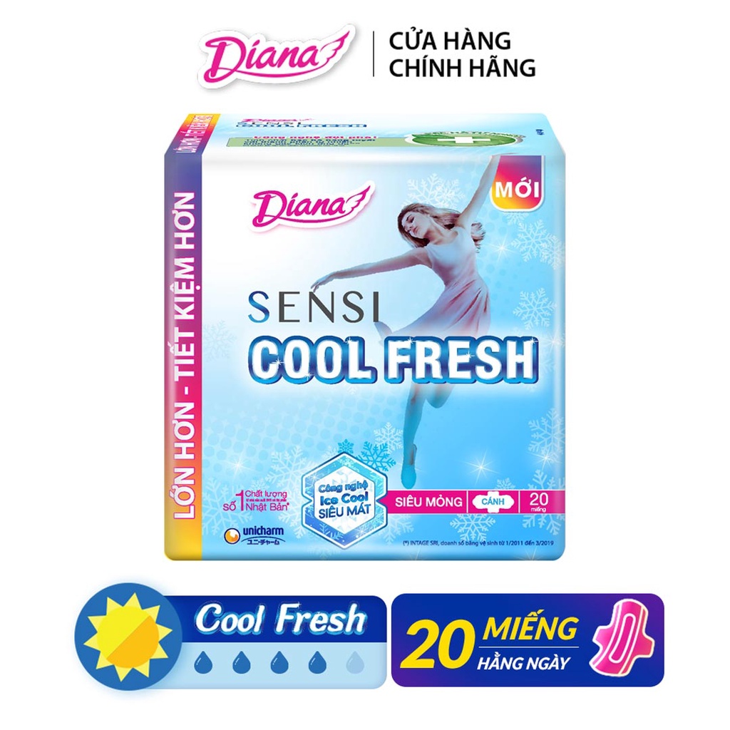 Băng vệ sinh DIANA Sensi Cool Fresh (Siêu Mỏng Cánh 20 Miếng - Xanh Dương) - BVS Diana