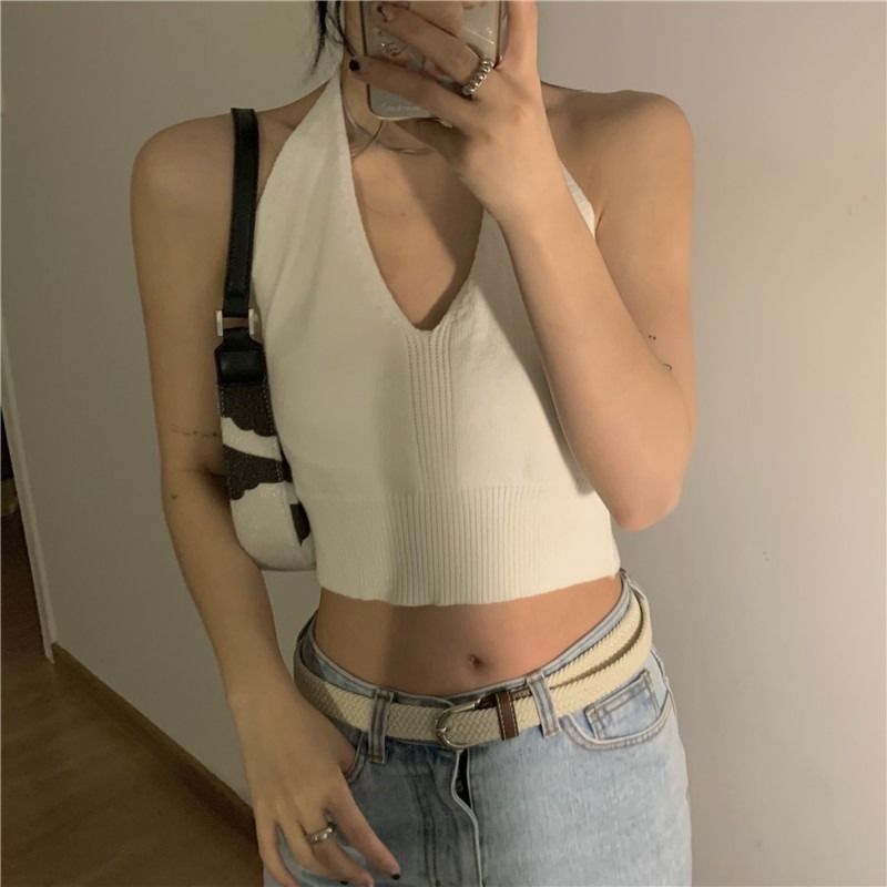 Áo hai dây dệt kim cổ yếm màu trơn gợi cảm cho nữ