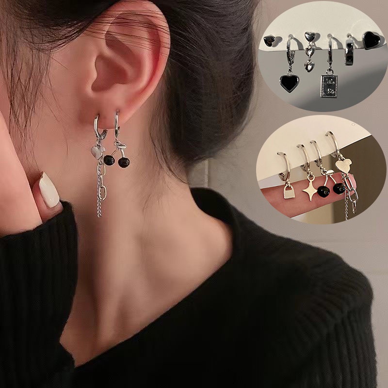 Set 4 / 6 Khuyên Tai Bạc Tua Rua Hình Trái Tim Màu Đen Thời Trang Cho Nữ