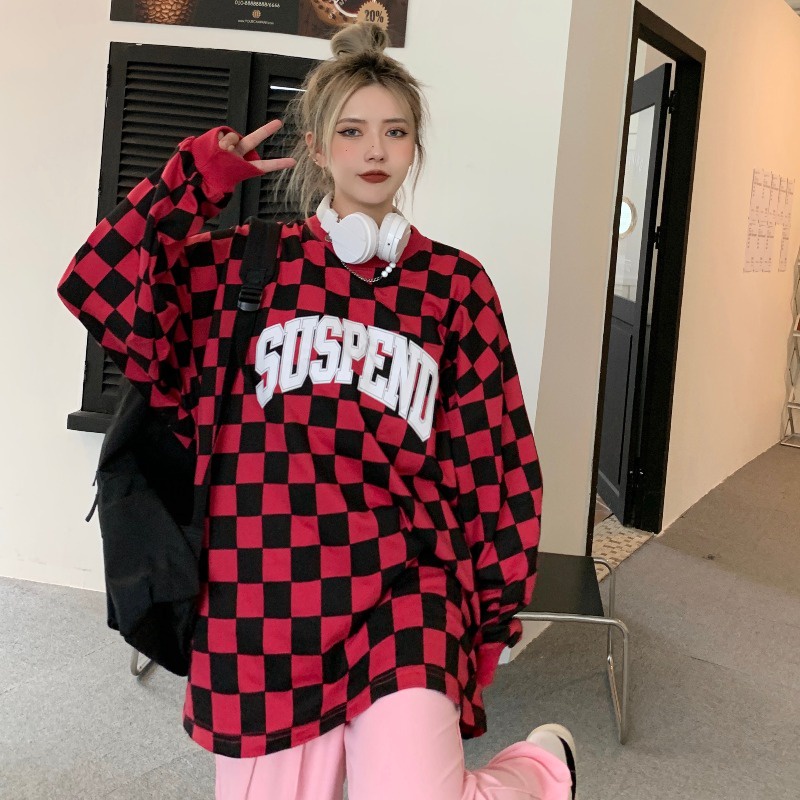 Áo sweater tay dài dáng rộng kẻ sọc caro thời trang Mỹ cổ điển cá tính cho nữ Xiaozhainv | BigBuy360 - bigbuy360.vn