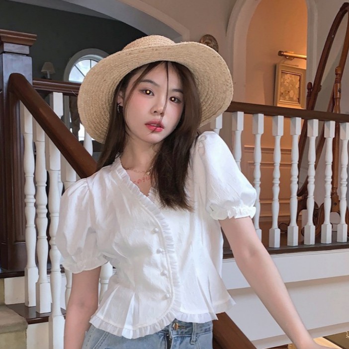 Áo Kiểu Tay Phồng Cổ Chữ V Họa Tiết Hoa Xinh Xắn Sành Điệu Cho Nữ | BigBuy360 - bigbuy360.vn