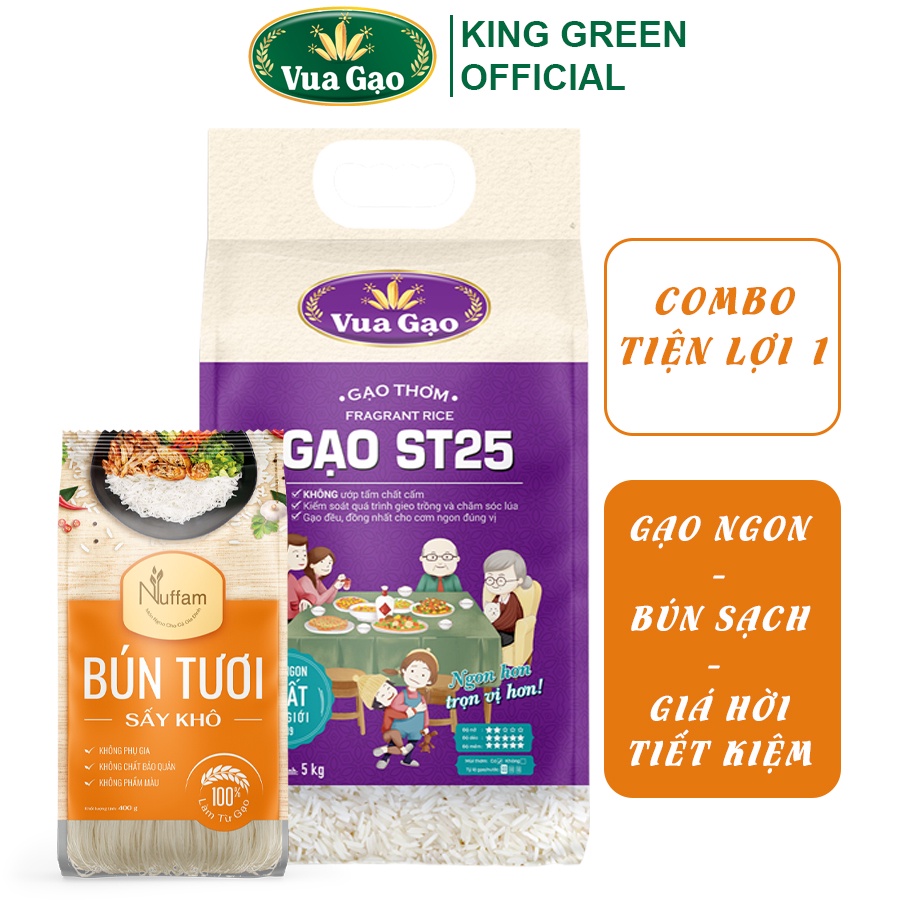 [MUA 3 TẶNG 25K] Combo Gạo ST25 5kg và Bún Tươi Sấy Khô 400gr - Chính Hãng Vua Gạo