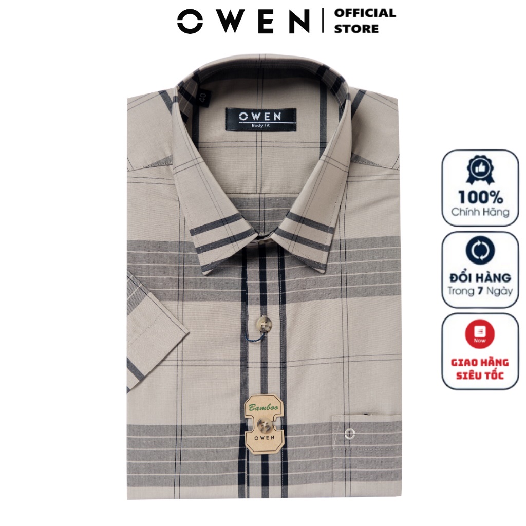 Áo Sơ Mi Nam Ngắn Tay OWEN BA220148NT Somi Công Sở Cao Cấp Màu Kẻ Caro Lớn Be Navy Vải Sợi Tre Dáng Suông Tà Bằng Có Túi