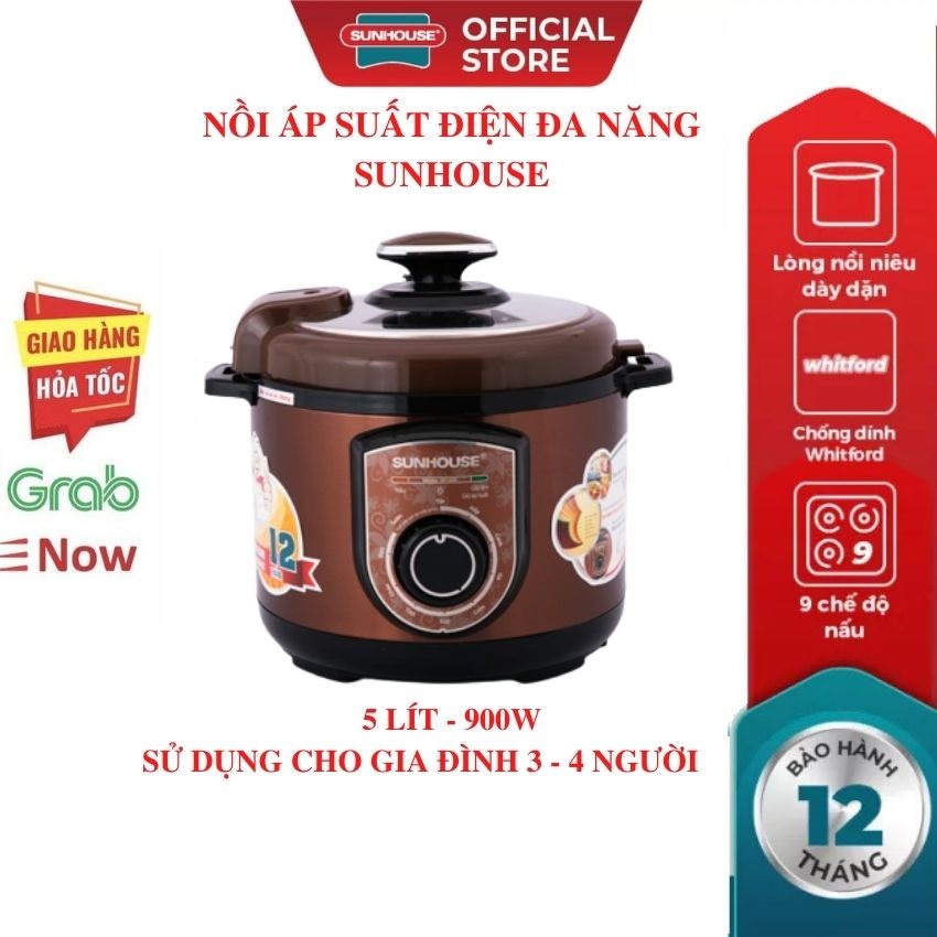 Nồi áp suất điện đa năng SUNHOUSE SHD1550-2022 dung tích 5L tiện lợi an toàn lòng nồi chống dính dùng nấu cơm hầm xương