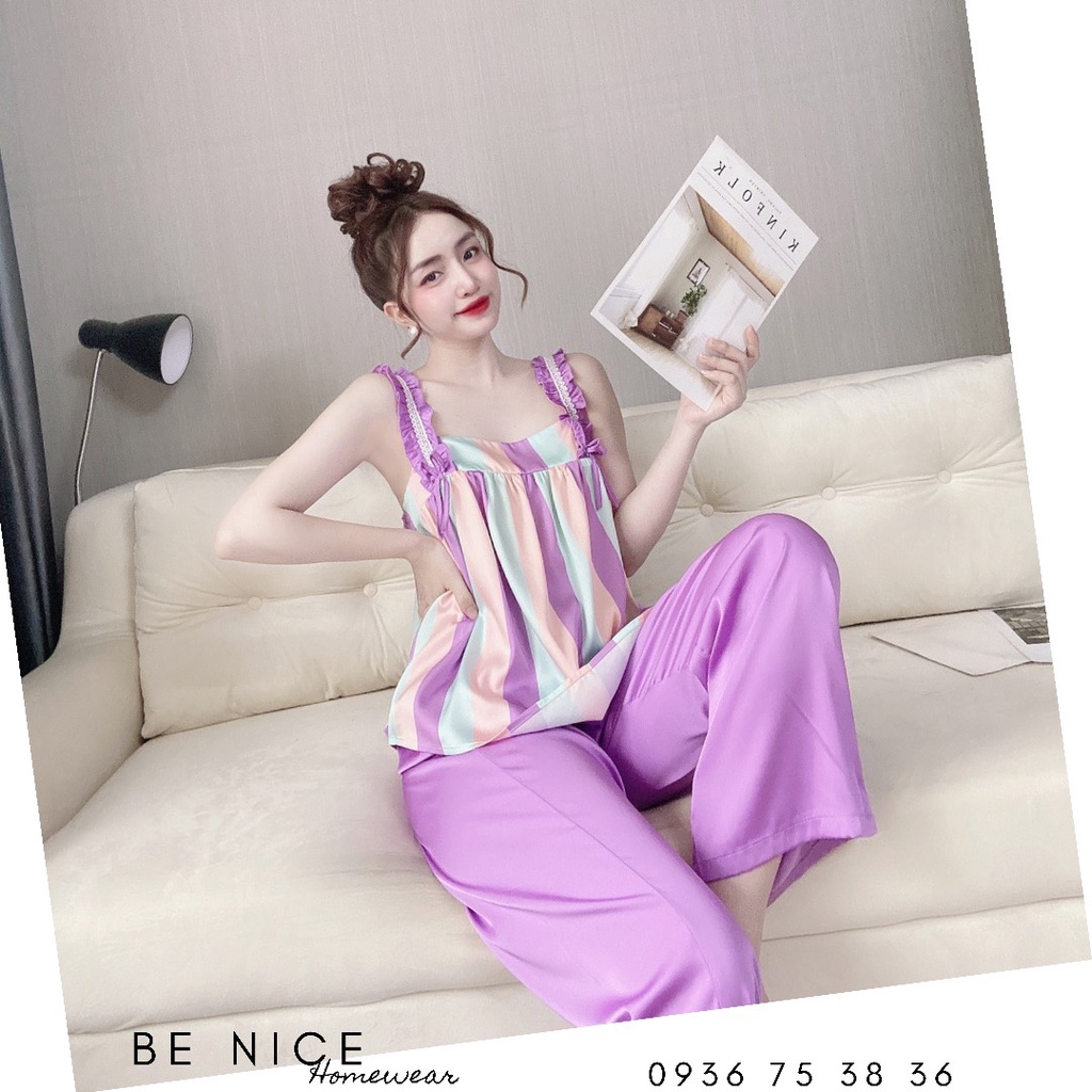 Set dây dài mặc nhà nhún bèo lụa latin Benice Homewear xinh xắn cho nàng