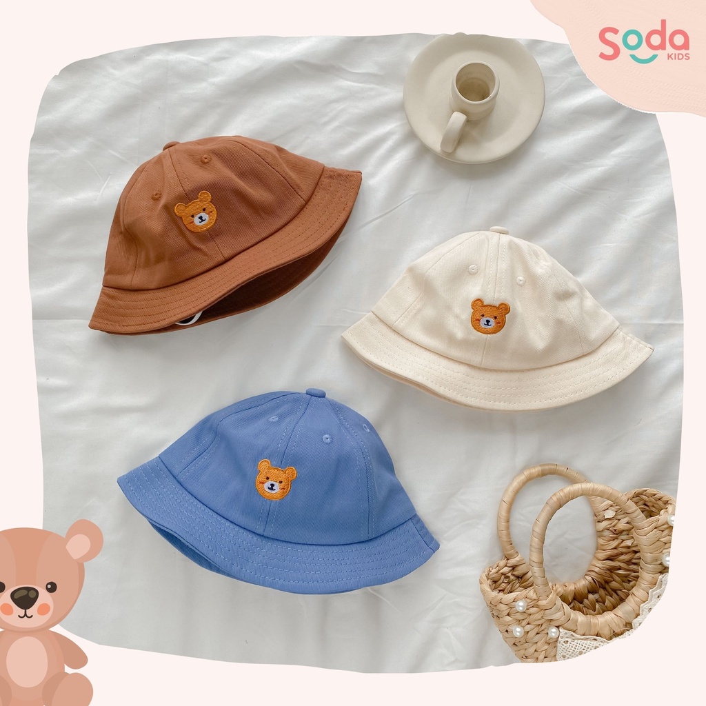 Mũ vành nhỏ trơn thêu gấu 3 màu dành cho bé trai và bé gái (Ảnh thật)