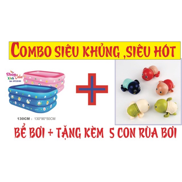 Bể Bơi Phao Cho Bé + KÈM 5 RÙA - 1m3 - 3 Tầng – 130x90x50cm - Có Đáy Chống Trượt