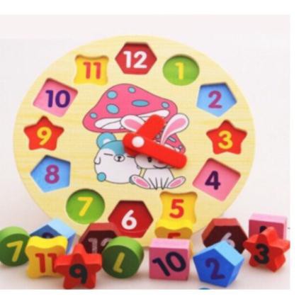 [ Hàng đẹp] Đồ chơi đồng hồ số hình khối bằng gỗ giúp bé phân biệt hình khối, máu sắc, cách xem giờ