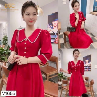 Đầm đỏ xoè phối viền ren tay phồng đính nút xinh xắn