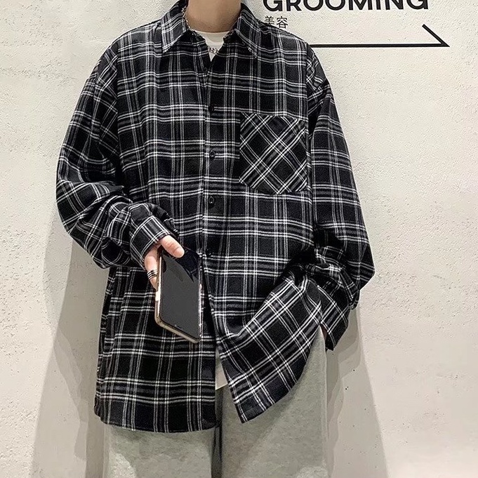 ♞AFF LIGA♞ Áo Sơ Mi Caro Tay Dài Phong Cách Vintage Thời Trang Cho Nam