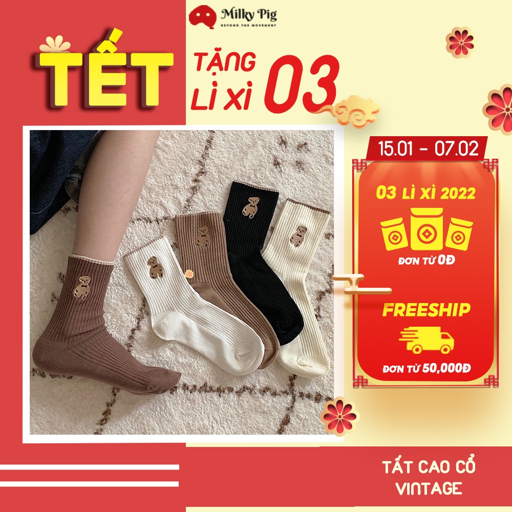 Tất cổ cao, vớ cổ cao nữ họa tiết hình gấu vải len tăm co giãn bảng màu vintage siêu xinh