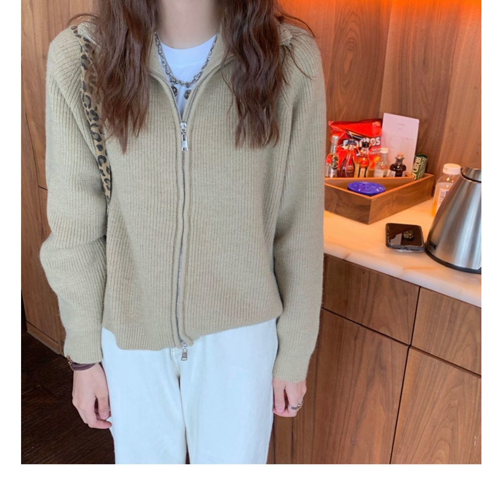 Áo Khoác cardigan Dệt Kim Mỏng Dáng Rộng Cổ Cao Hai Khóa Kéo Đơn Giản Thời Trang Phong Cách Hàn Quốc