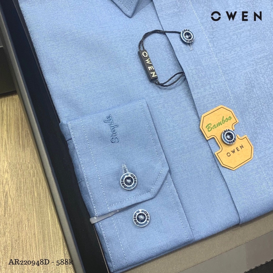 Áo Sơ Mi Nam Dài Tay OWEN AR220948D Somi Công Sở Vải Sợi Tre Cao Cấp Màu Dobby xanh Dáng Regular Fit Tà Lượn Không Túi