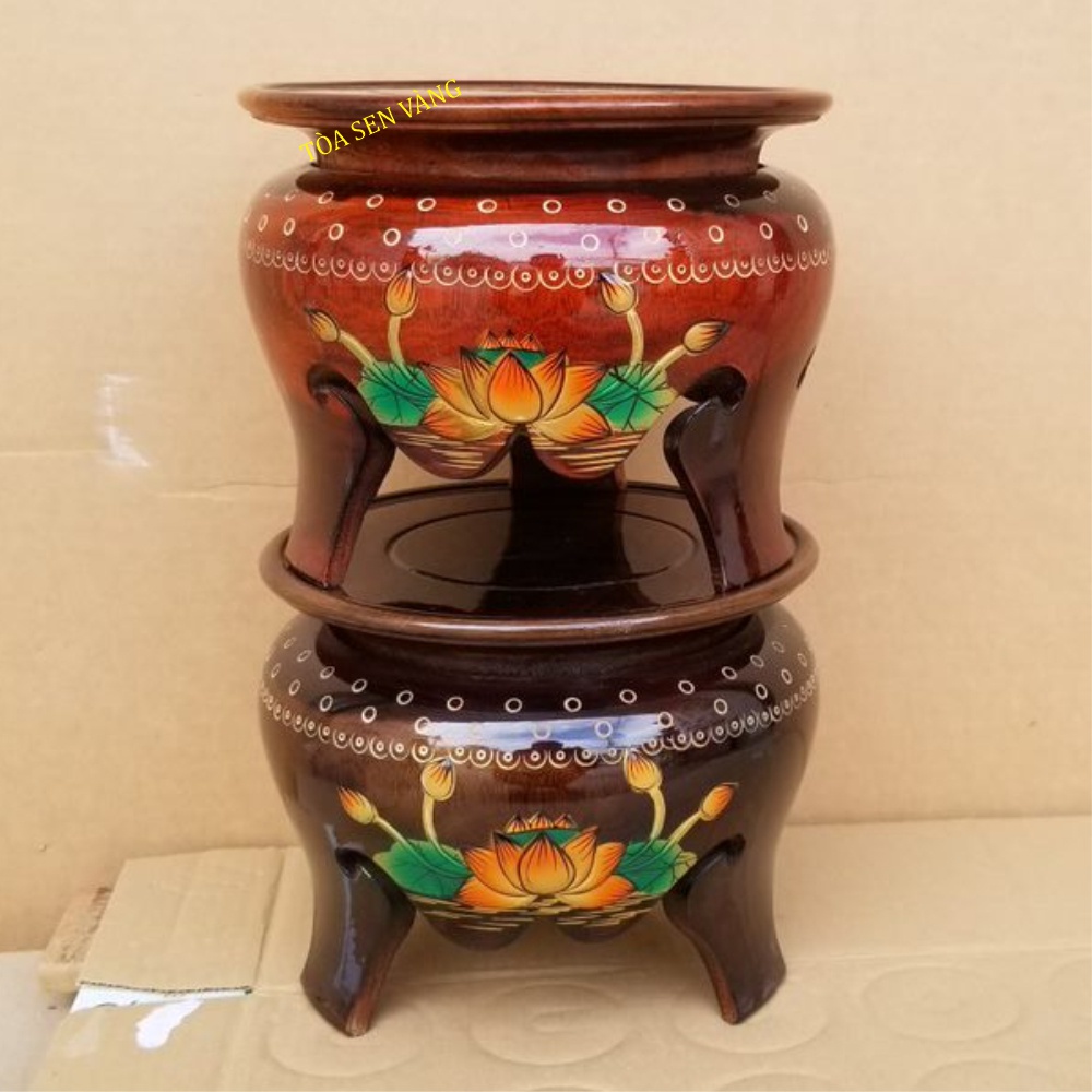 Đôn Gỗ Thờ - Đế Gỗ Kê Tượng, Đế Gỗ đường kính ngoài 20cm, cao 15cm, màu nâu đen, nâu đỏ