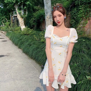 Đầm body, váy dạo phố in hoạ tiết cherry vàng cúp ngực (kèm hình thật)