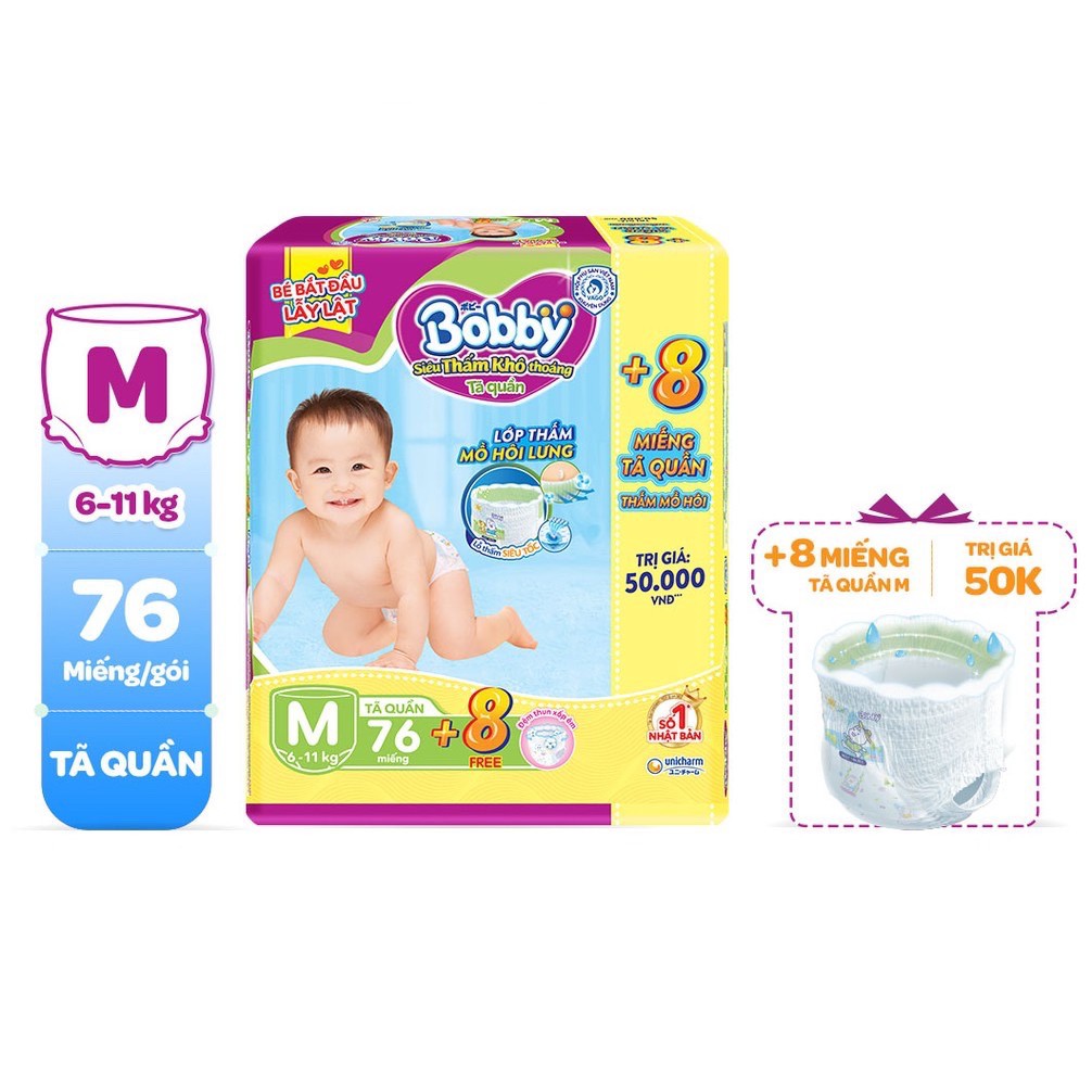 [Tặng 8 Miếng] Tã Quần Bobby Đệm Thấm Lưng Mồ Hôi size M76 miếng