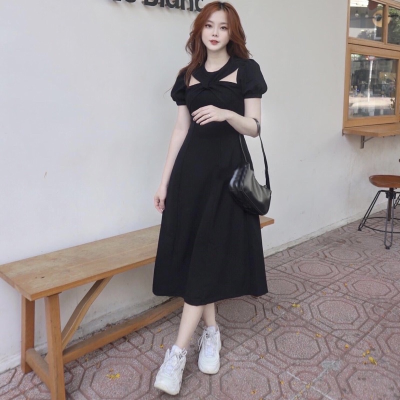 Đầm đen xoắn cổ form dài (kèm hình thật)