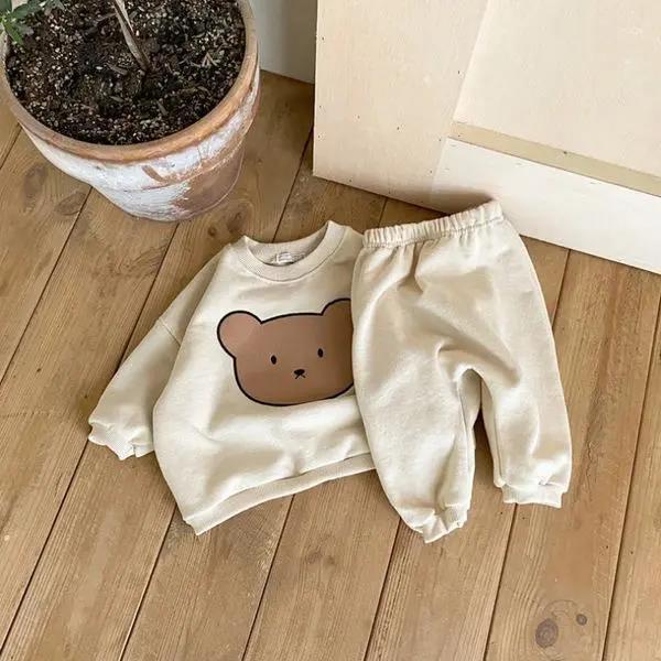 Set áo nỉ tay dài in hình gấu + quần dài họa tiết hoạt hình phong cách Hàn Quốc cho bé INS21