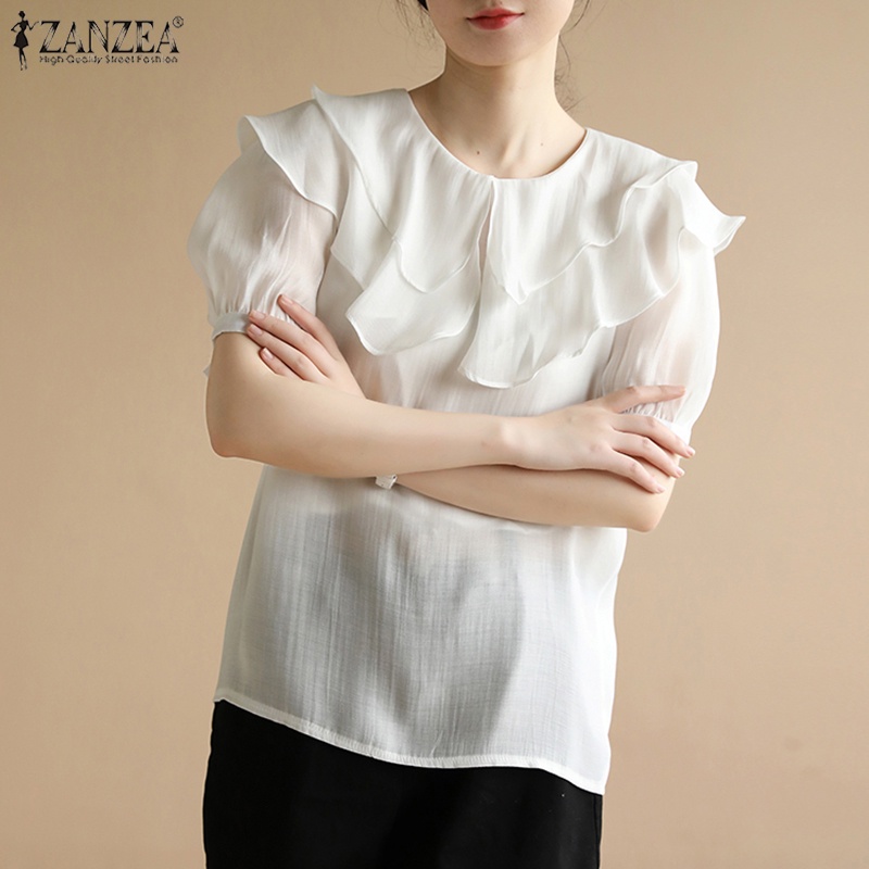 Áo sơ mi Zanzea tay ngắn dáng rộng màu trơn phong cách Hàn Quốc thời trang cho nữ