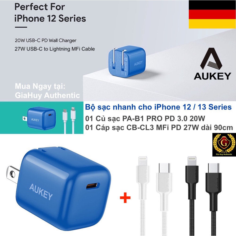 Bộ sạc iP13 Series, iP.ad-Pro 2017: Củ sạc AUKEY PA-B1 PRO PD/ PPS 30W + Cáp CB-CL3 USB-C ra Lightning MFi PD 27W 0.9m