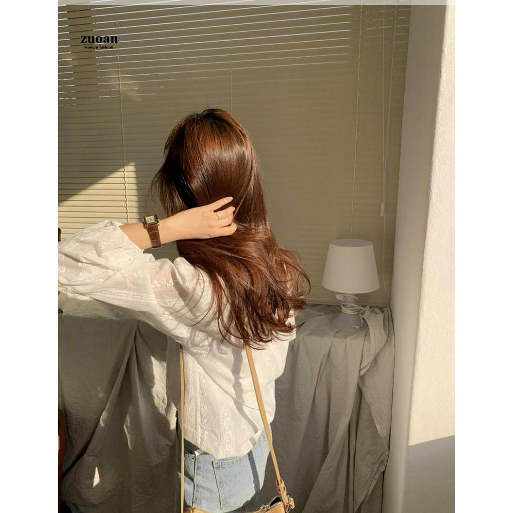 Áo kiểu SUXI dài tay cổ chữ V viền ren thời trang Hàn Quốc đơn giản