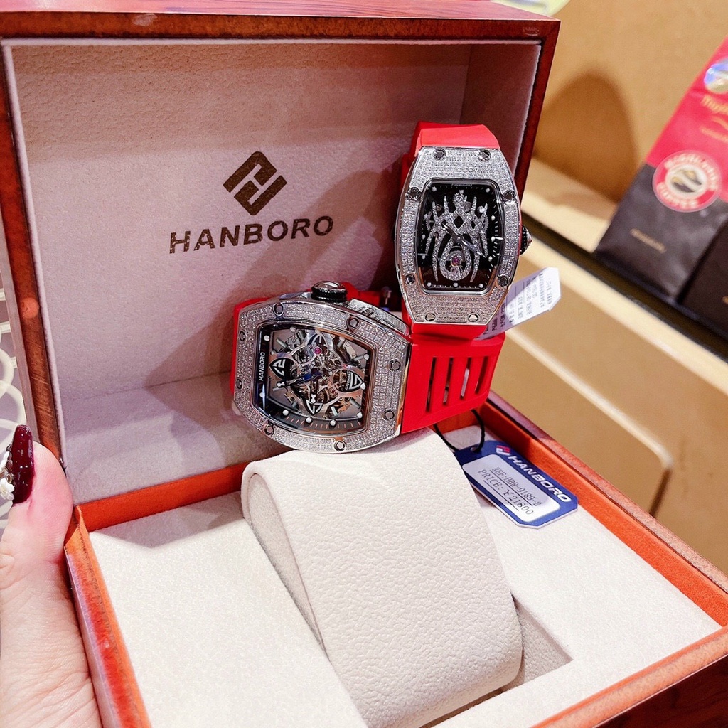 Đồng Hồ Nam Nữ Hanboro Nam Máy Automatic, Nữ Máy Pin , Dây Cao Su Màu Đỏ , Size 36mm/48mm