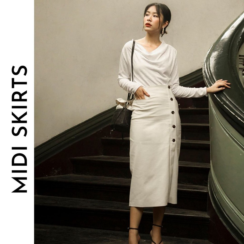 [AT MODA DE LITA] Chân Váy Midi Phối Nút Dọc.