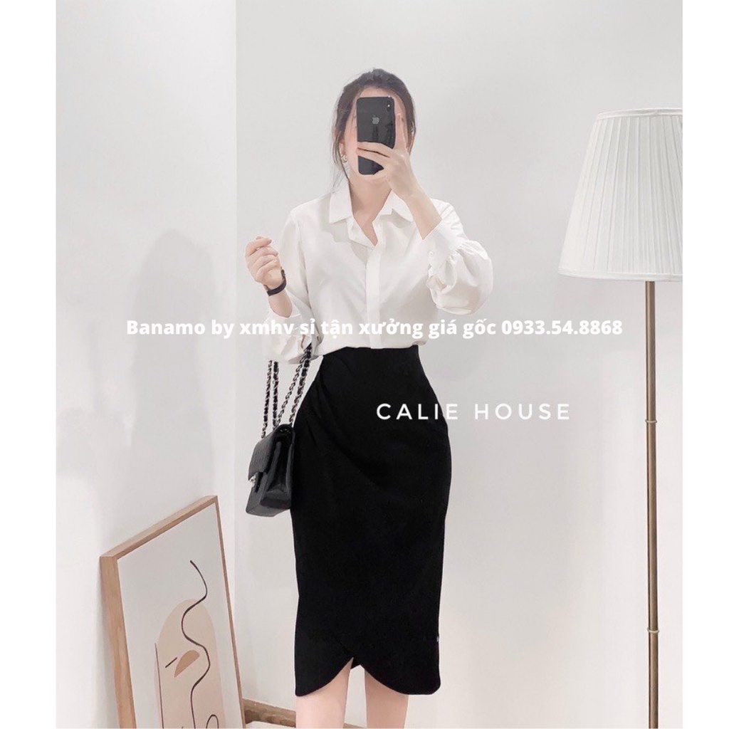 Chân váy vạt lệch xếp ly eo dáng dài thời trang Banamo Fashion chân váy nhún eo 533