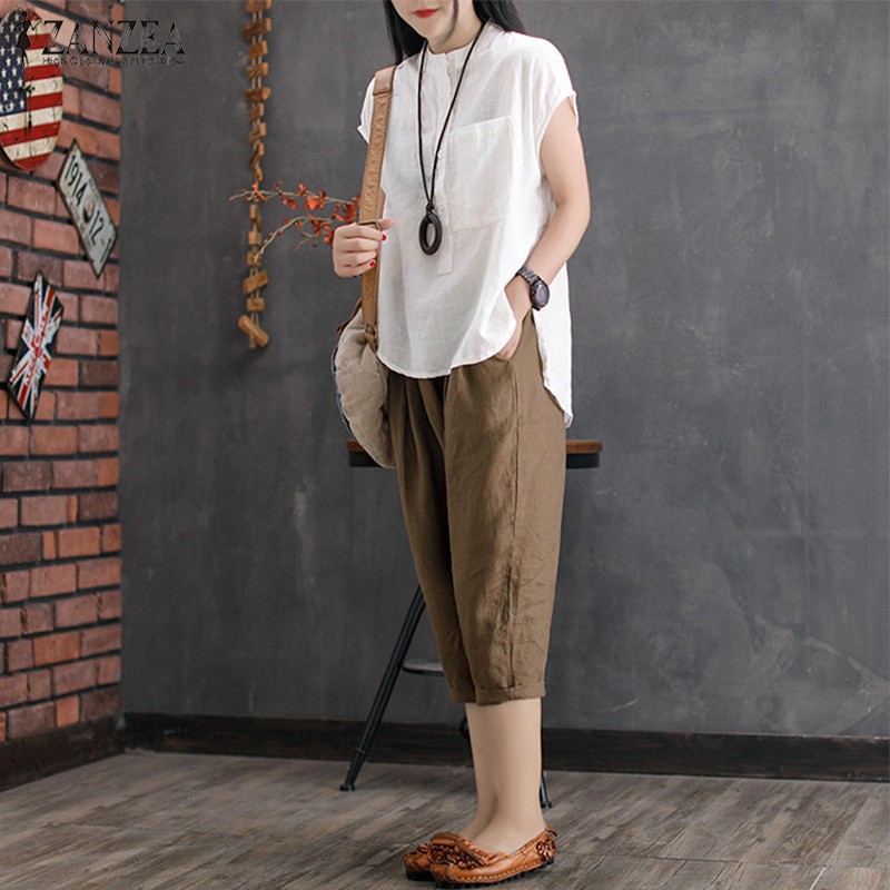 ZANZEA Áo tay ngắn cổ tròn chất liệu cotton thiết kế màu trơn trẻ trung mặc hàng ngày