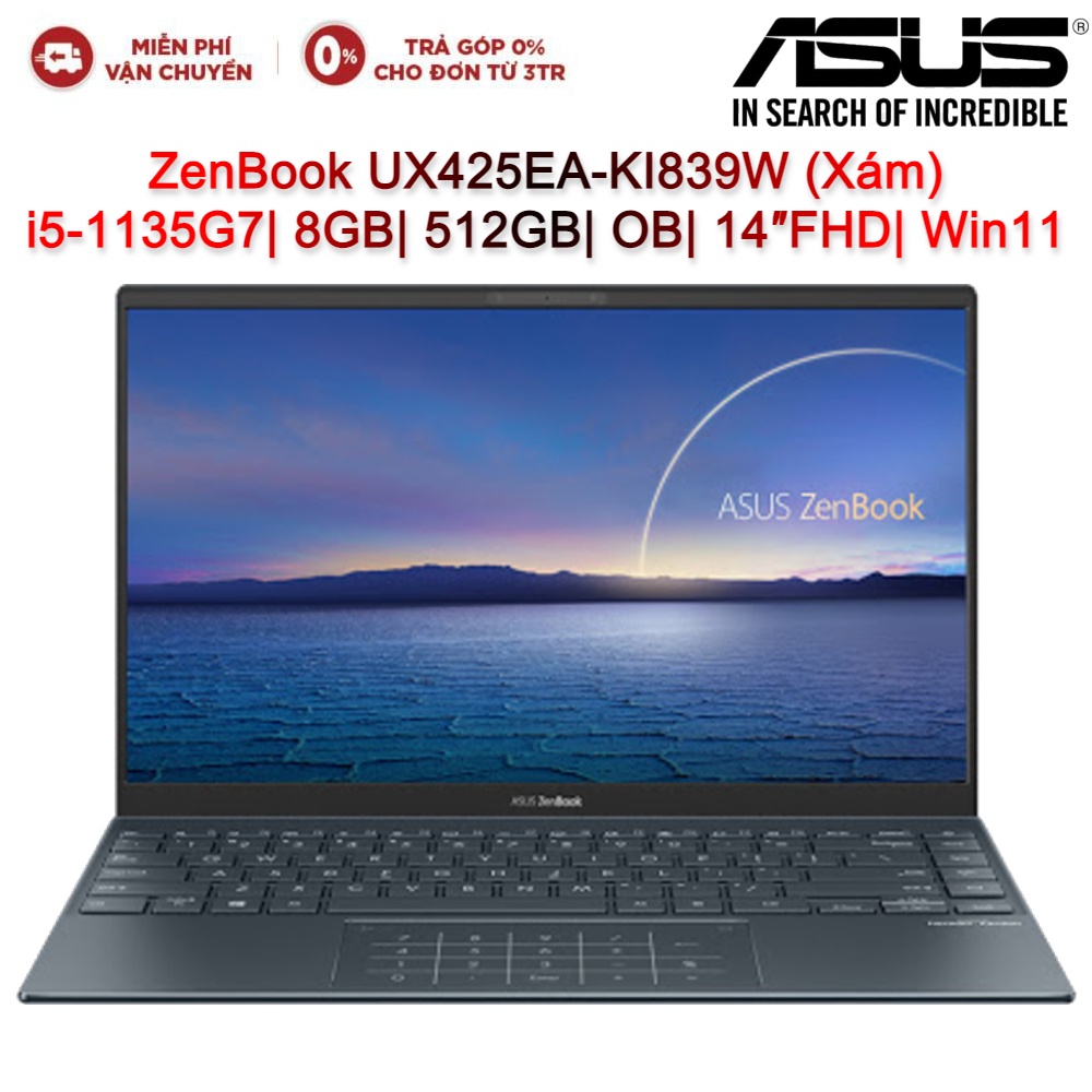 Laptop ASUS ZenBook UX425EA-KI839W i5-1135G7| 8GB| 512GB| OB| 14″FHD| Win11 (Xám)