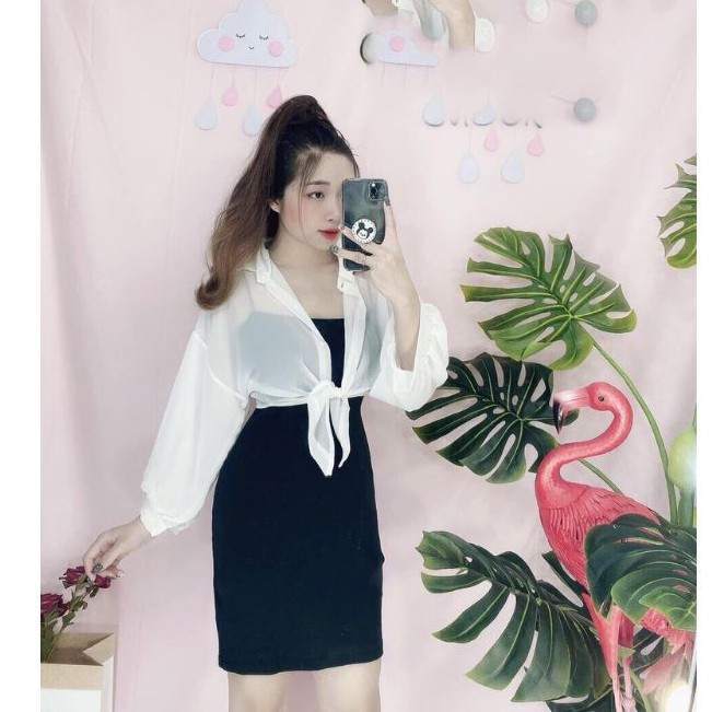 Sét áo sơ mi cột eo và đầm body 2 dây siêu xinh