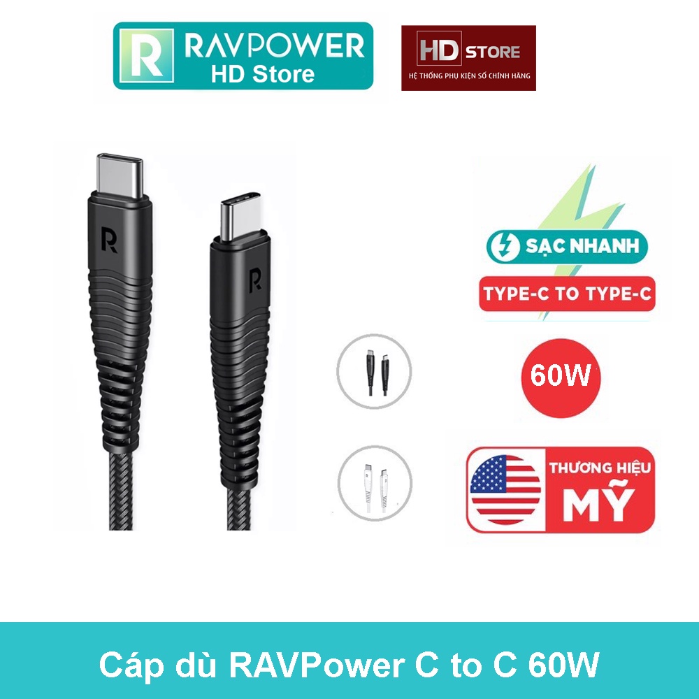 Cáp RAVPower Type C to C Sạc nhanh 60W 3A Bọc dù Kevlar siêu bền Mã RP-CB047 truyền dữ liệu 480Mbps HD Store