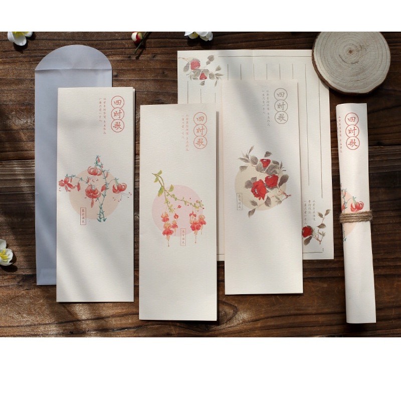 Set 3 phong bì và 3 giấy viết thư tiếng Trung chữ Hán kẻ dọc