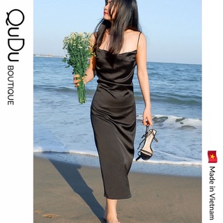 Đầm Lụa Hai Dây Qudu 🔥đầm Cổ Đổ Dài Màu Đen Đỏ Trơn Xẻ Tà Dáng Suông Hở Lưng Đi Biển Mùa Hè 2021