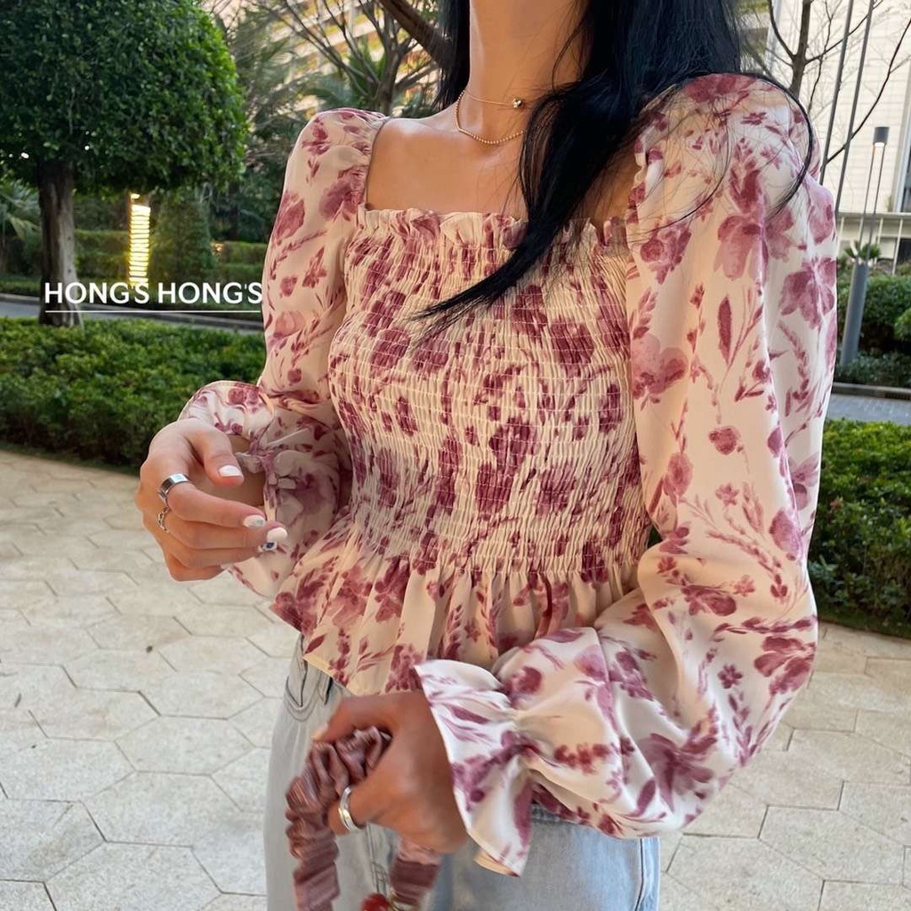 Áo Croptop Chất Chiffon Hoạ Tiết Hoa Thiết Kế Cổ Vuông Nữ Tính