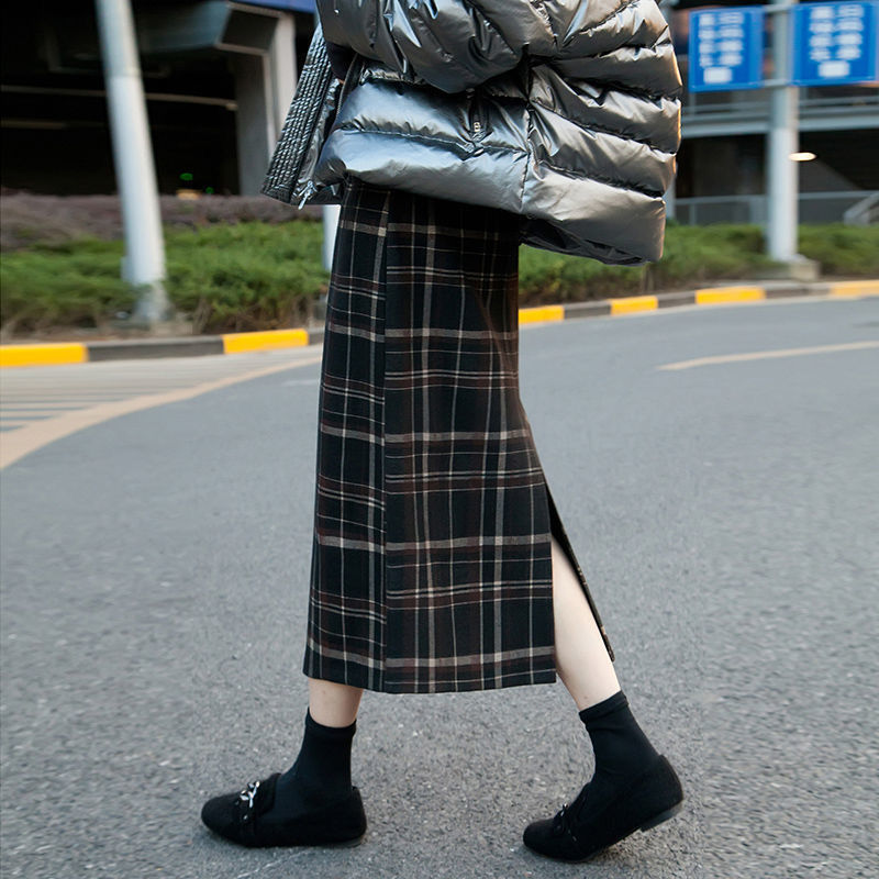 Chân Váy Dạ Korean Loose Mid-length Plaid Retro High Waist Split A-line Bag Hip Skirt Women