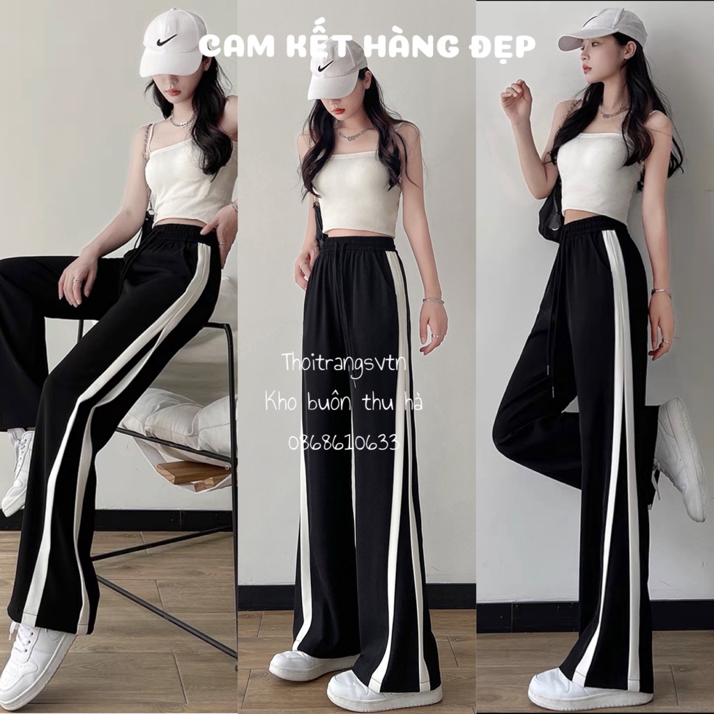 Quần Ống Rộng Nữ Sọc viền Cạp Cao , Cạp Thun Culottes Họa Tiết Trơn Đen Viền Trắng