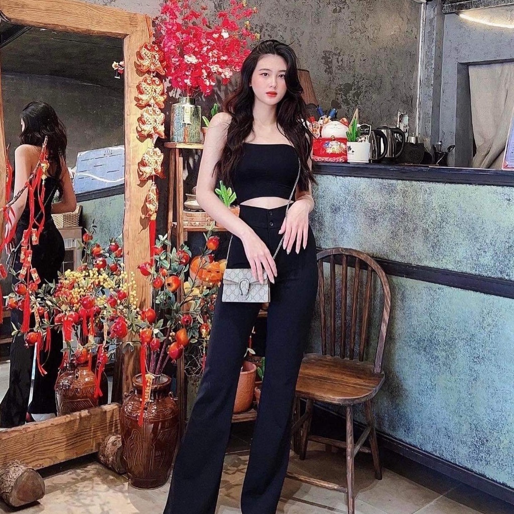 Quần KaKi Nữ Ống Loe Đen Trơn Hai Cúc Freeship Kèm Video Chất