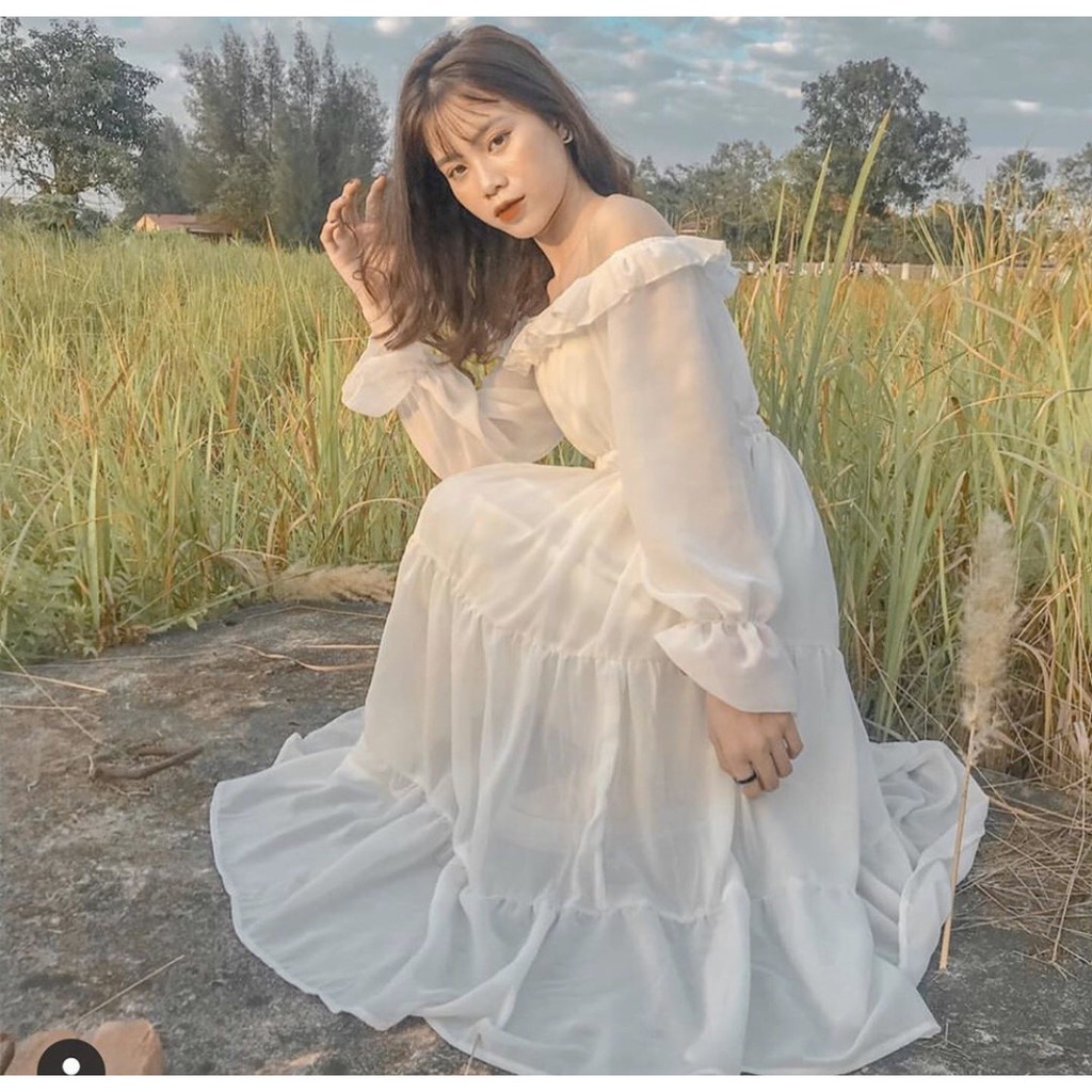 Váy Tiểu Thư Trắng Trễ Vai  Vintage  Màu Trắng -  Thiết Kế ulzzang -  phong cách hàn quốc