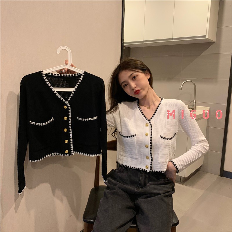 Áo Khoác Cardigan Dệt Kim Cổ Chữ V Phối Nút Thời Trang Mùa Thu