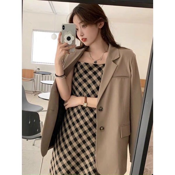 SET ÁO KHOÁC BLAZER+ ĐẦM 2D CARO NÂU