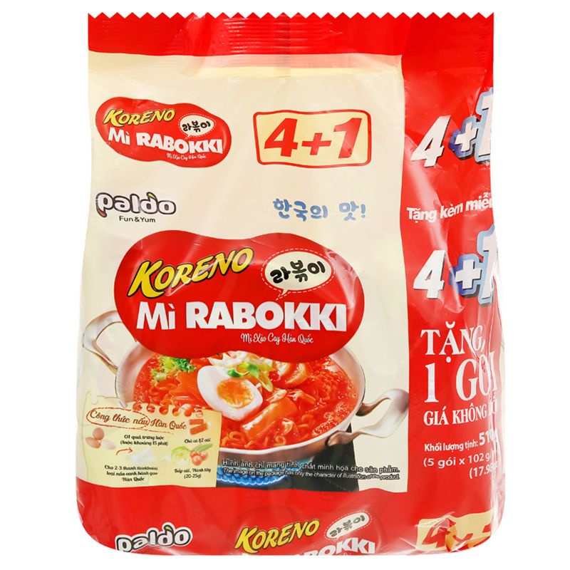 Lốc 5 Gói Mì Xào Cay Koreno Rabokki  - Mì Ăn Liền Sợi Dai & Nước Sốt Đậm Đà
