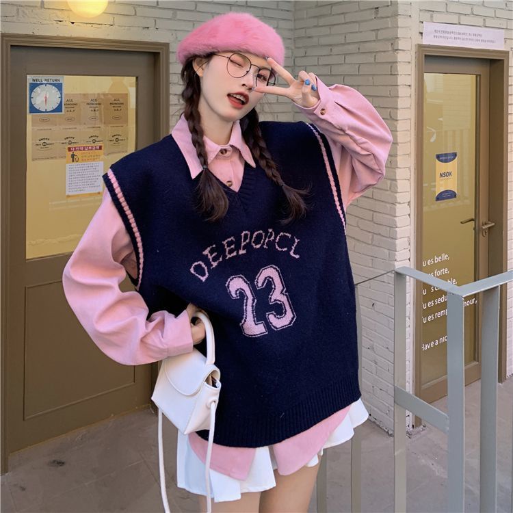 Set áo sơ mi tay dài cổ chữ v số 23 + áo len không tay dáng rộng cho nữ có bán lẻ