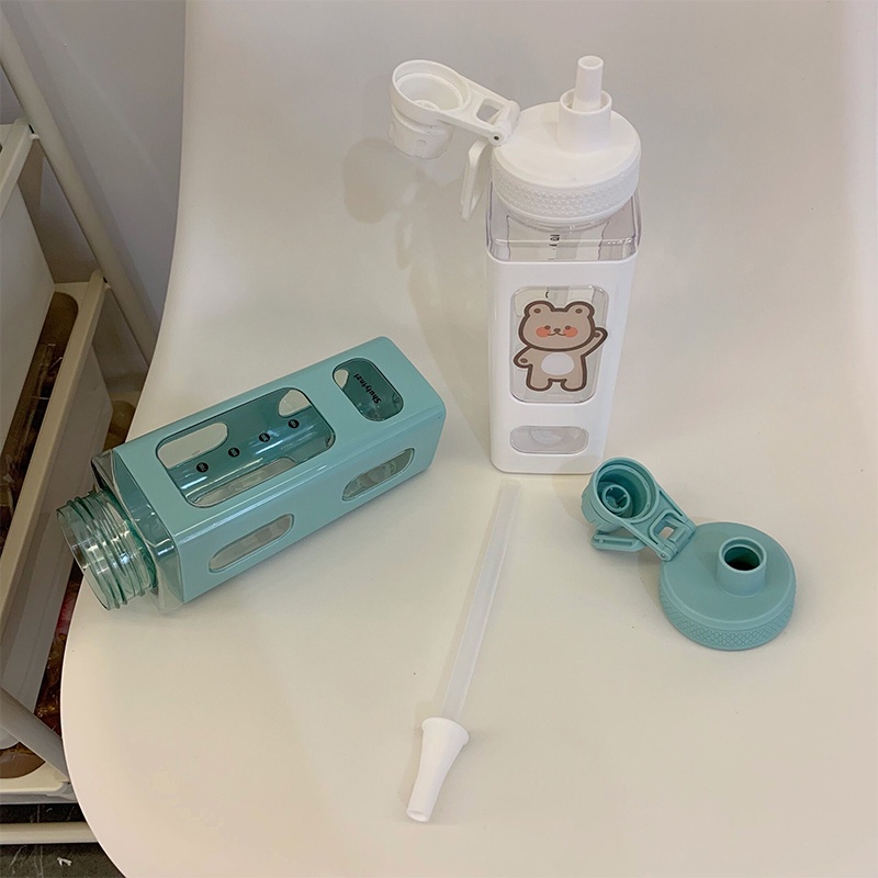 Hàn quốc Vuông Gấu Chai Nước Công Suất Lớn Sinh Viên Chai Xách Tay Chai Với Rơm Rơm Nhựa Nước Chai BPA Miễn Phí